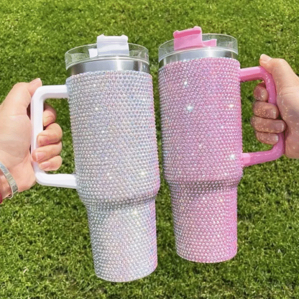 Imported Shiny Stone 40oz Stainless Steel Insulated Tumbler with Handle, Leakproof Lid and Straw, Portable Tumbler for Car, Birthday Gift Tumbler for Girls