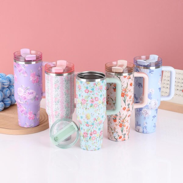 Imported 40oz Stainless Steel Insulated Floral Tumblers with Handle, Leakproof Lid and Straw, Portable Tumbler for Car, Home, Office, Birthday Gifts Tumbler for Girls