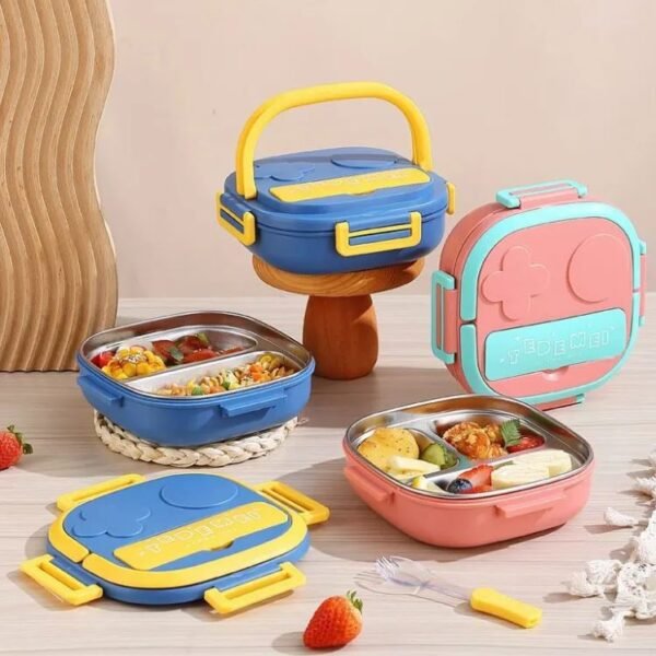 Imported Tedemei 3 Compartment Stainless Steel Lunch Box for School Kids with Spoon and Fork