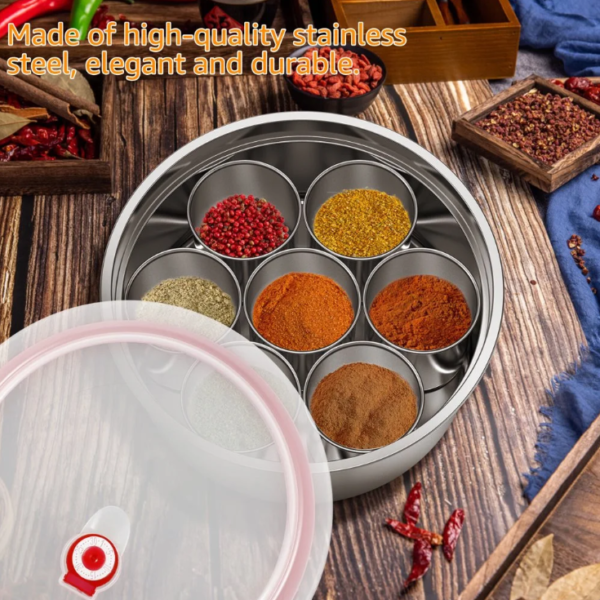 Imported Stainless Steel Round Masala Dabba Spice Storage Box for Kitchen 7 Deep Katori With Box And Silicon Lids