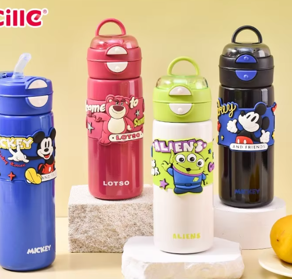 Cille 520ml Vacuum Thermos Cup for Children & Students 316 Stainless Steel Cute Cartoon Double Drinking Pipette Cartoon Water Bottle for School Kids