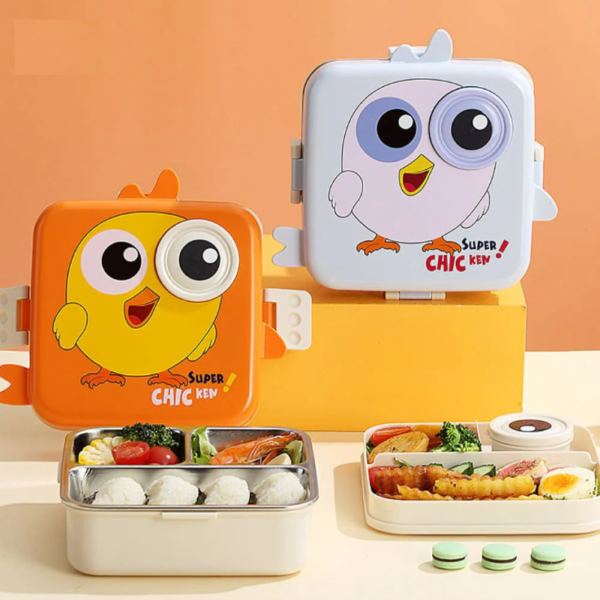 Imported 2 Compartment Super Chicken Cartoon School Lunch Box Leak Proof 304 Stainless Steel Lunch Box for School Kids
