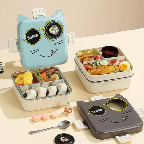 Imported 2 Compartment Super Cat Cartoon School Lunch Box Leak Proof 304 Stainless Steel Lunch Box for School Kids