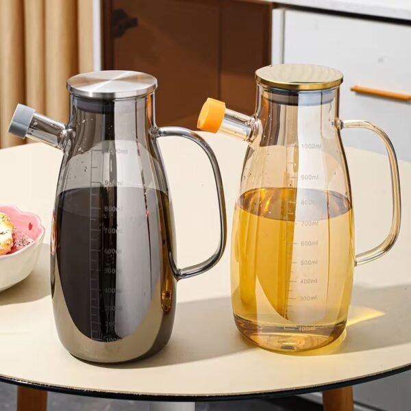1000ml / 1 Liter Leak Proof Glass Oil Dispenser Bottle with Wooden Lid - Oil Jug with Measurements