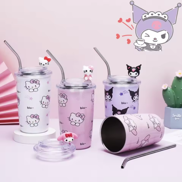 Imported Sanrio Hello Kitty 450ml Kawaii Cups With Lids And Straws Insulated Cup 304 Stainless Steel Small Tumblers for Kids Birthday Gift