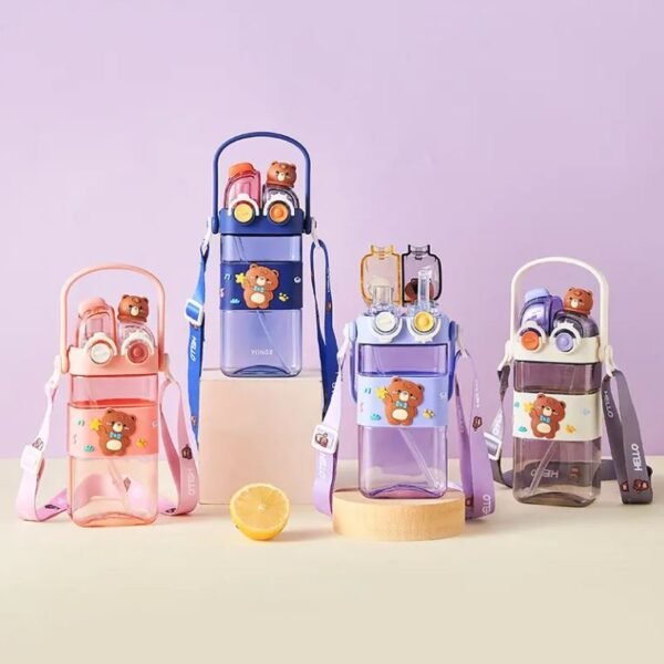 Imported 550ml Teddy Bear Stylish Fancy Plastic Water Bottle for School Kids Dual Straw Water Bottle with Strap