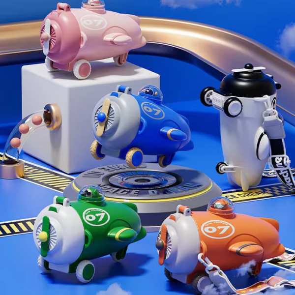 Imported 500ml Aeroplane Stylish Fancy Plastic Water Bottle with Strap and Straw for School Kids