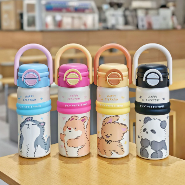 Imported 550ml Cute Cartoon Pookie Panda Stainless Steel Insulated Water Bottle for School Kids with Dual Mouth