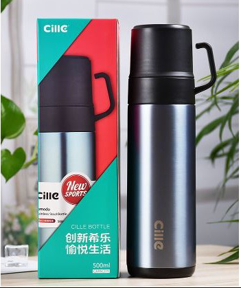 Cille 500ml Double Walled Insulated Thermos Flask Water Bottle with Cups in Cap