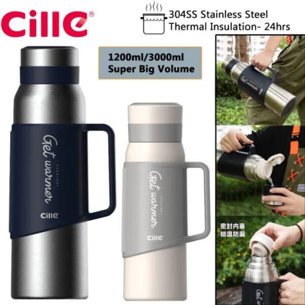 Cille 1200ml Hiking Camping Large Volume 304SS Stainless Steel Vacuum Flask Thermos Water Bottle