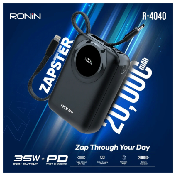 Ronin R4040 ZAPSTER | 20,000mAh Power Bank Type C Cable Output 35W | iOS Cable Output 27W with One Year Warranty