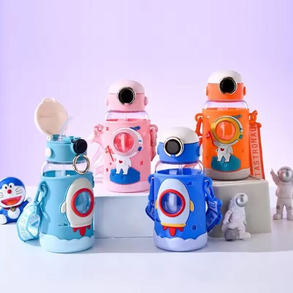 Imported 700ml Cute Cartoon Rocket Spaceman Plastic Water Bottle with Straw for School Kids