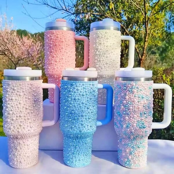 Luxury Pearl Bling 40oz Insulated Tumbler with Handle & Straw